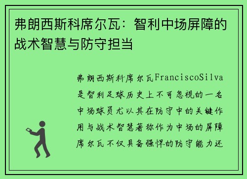 弗朗西斯科席尔瓦：智利中场屏障的战术智慧与防守担当