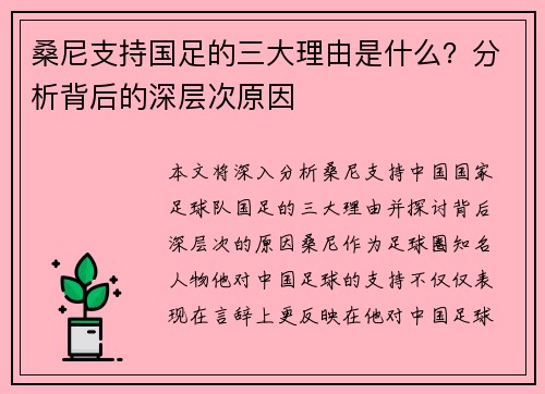 桑尼支持国足的三大理由是什么？分析背后的深层次原因