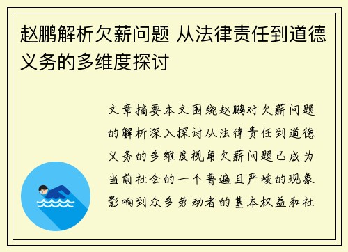赵鹏解析欠薪问题 从法律责任到道德义务的多维度探讨
